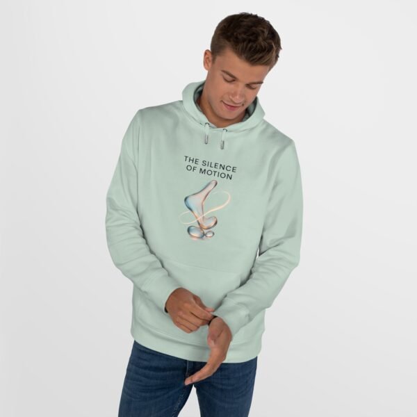 18113393369243092854_2048.jpeg Abstraktes Kapuzensweatshirt – „THE SILENCE OF MOTION“ Zeitgenössische Kunst in Cyan, Bernstein, Rosé und Graphitgrau